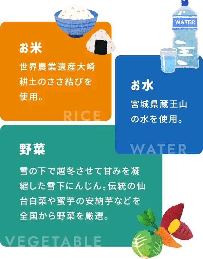 お米や鶏肉、トマト、かぼちゃなど色とりどりの食材
